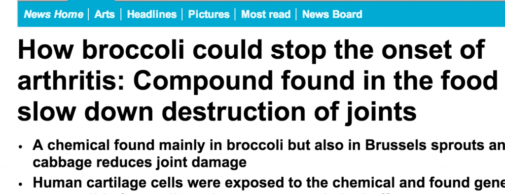 http://www.dailymail.co.uk/news/article-2403522/How-broccoli-stop-onset-arthritis-Compound-food-slow-destruction-joints.html
