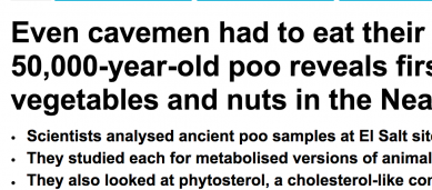 http://www.dailymail.co.uk/sciencetech/article-2669620/Even-cavemen-eat-greens-50-000-year-old-poo-reveals-evidence-vegetables-nuts-Neanderthal-diet.html